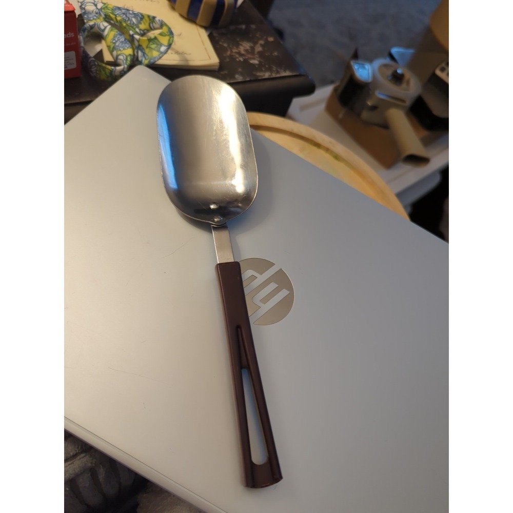 Vintage STANLEY HOME Kitchen Canister Scoop Brown Handle Stainless w/Bakelite